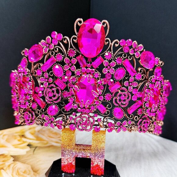 Vintage Handmade Crown, Fuchsia Crystal Crown, Victorian Tiara, Copper Crown main image 4